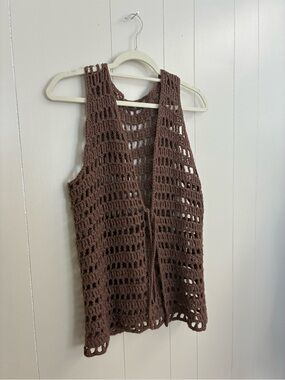 Handmade Crochet Open Weave Vest tie closure in Brown Boho Neutral Grandmacore